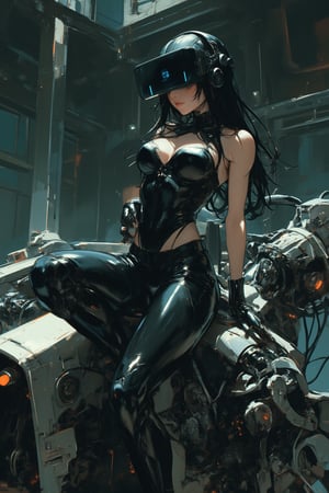 A striking, futuristic scene depicts a woman dressed in sleek, form-fitting leather attire, sitting confidently atop an open power suit, inspired by the cyberpunk aesthetics of Masamune Shirow. The power suit, a blend of advanced technology and military-grade armor, features intricate mechanical details, exposed wiring, and a robust, yet streamlined design. The woman, wearing a cutting-edge VR headset, exudes a sense of control and mastery over the machine beneath her. Her posture is relaxed yet commanding, with one hand resting on the suit’s metallic surface and the other casually holding a piece of advanced tech. The background is a high-tech industrial setting, with dim lighting that casts dramatic shadows, highlighting the fusion of human and machine. The overall atmosphere is one of futuristic coolness and cybernetic elegance, capturing the essence of Shirow’s iconic 