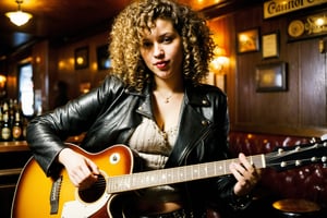  Dutch Angle. Closeup Photo of a caucasian woman with curly hair, leather jacket and mini skirt playing guitar in a bar. Background is a fat man drinking beer. Style by J.C. Leyendecker. Canon 5d Mark 4, Kodak Ektar, 35mm 