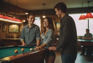 Photo. Closeup of a happy couple playing at the pool table at a bar. Canon 5d Mark 4, Kodak Ektar, 35mm 