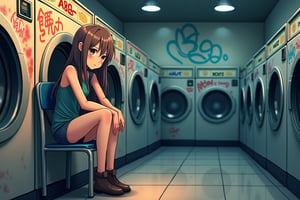 Anime style illustration of a girl with long, straight hair waiting for her laundry at a laundromat. She is sitting on a chair, leaning against a wall adorned with colorful graffiti. Her face expresses weariness and boredom. The laundromat's atmosphere is filled with a mix of warm and artificial light, reflecting off the row of washing machines in the background. The overall scene presents a relatable, everyday moment of quiet contemplation and leisurely waiting.