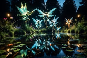A group of water faeries gliding over a pond, reflections in the water, night scene. ral-exposure, in the style of double exposure, neon art nouveau, long exposure, wimmelbilder, layered lines, neonpunk, chiaroscuro, best quality, masterpiece, highres, absurdres, incredibly absurdres, huge filesize, wallpaper, colorful,8K,RAW ,Long_Exposure