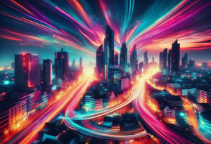 City skyline at night, cool colors, vibrant lights, futuristic style, wide angle, bustling streets, dark sky. ral-exposure, in the style of double exposure, neon art nouveau, long exposure, wimmelbilder, layered lines, neonpunk, chiaroscuro, best quality, masterpiece, highres, absurdres, incredibly absurdres, huge filesize, wallpaper, colorful,8K,RAW photo ,Long_Exposure