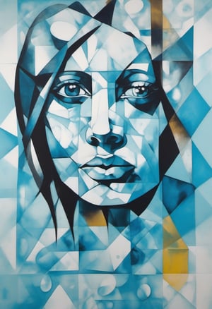 Girl by Picasso, cyan and blue, inkblots, made of crystals, juxtapositions extraordinaire, geometric animal figures, ink and wash, redshift,v0ng44g,p14nt1ng,oil painting
