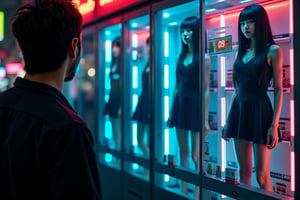 A man looking at a futuristic, high-tech vending machine in a neon-lit city, selling young Japanese women as companions. All these women have long black hair, wearing a black little dress standing inside one of the vending machine's display compartments. The machine features glowing buttons, digital price tags, and a holographic interface. Bright neon lights reflect off the glass, creating a provocative, dystopian atmosphere. High contrast, cinematic lighting, cyberpunk aesthetics, close-up view, vibrant neon colors.
