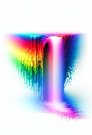 A waterfall of rainbow-colored pixels that fall into the ground, dissolving into pixels.  White background