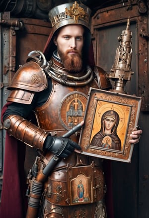 Knight wearing rusted heavy armor, holding a plaque of Orthodox Icons of Virgin Mary, breathing tube, machine gun. Post-apocalyptic Steampunk style