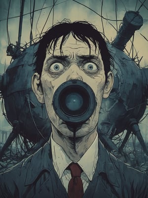 Closeup of a frightened narrator of War of the World, eyes wide open, Looking at a Tripod with three legs