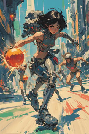 Sketch painting. Anime style illustratoin by J.C. Leyendecker. Battle Angel Alita competing in a high-speed Motorball game, similar to Rollerball. Alita, wearing her iconic sleek cyborg armor, races through the futuristic Motorball track on rollerblades, gripping the glowing Motorball in one hand. Her face is focused and determined, with cybernetic enhancements emphasizing her power and agility. The arena is a high-tech, metallic environment with neon lights, massive crowds, and a gritty, industrial vibe. In the background, other cybernetic players chase after her, each equipped with various mechanical enhancements designed for speed and combat. Sparks fly from Alita's blades as she speeds around a sharp curve, with the atmosphere of the scene reflecting the intensity, competition, and danger of the Motorball game. The overall aesthetic is bold, dynamic, and futuristic, with a mix of cyberpunk elements and action-packed energy