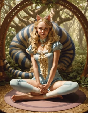 Photo of Disney Alice in Wonderland doing yoga with the Cheshire Cat, art by J.C. Leyendecker, 35mm film,art by mooncryptowow