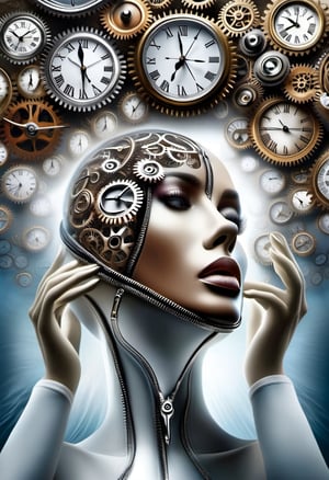 Surrealist art. Head of a female mannequin looking up. Her face is open zipper, clocks and intricate gears inside the face. hyper realistic photograph,  photo background,  cup,  realistic,  watercraft,  close-up,  holding,  water,  1girl . Dreamlike,  mysterious,  provocative,  symbolic,  intricate,  detailed,