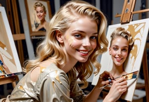 Photo of blonde woman,  21yo,  art by J.C. Leyendecker,  light smile,  covered in paint in a artist's studio painting a picture of model, UHD 8k wallpaper