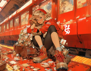 Anime artwork Girl, sitting on train, red interior, rust, garbage on the floor, broken bottles, art by J.C. Leyendecker . anime style, key visual, vibrant, studio anime, highly detailed