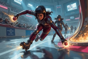 Oil painting. Battle Angel Alita competing in a high-speed Motorball game, similar to Rollerball. Alita, wearing her iconic sleek cyborg armor and padded helmet, races through the winding rollercoaster like Motorball track on rollerblades, gripping the glowing ball like gadget in one hand. The arena is a high-tech, metallic environment with neon lights, massive crowds, and a gritty, industrial vibe. In the background, other cybernetic players chase after her, each equipped with various mechanical enhancements designed for speed and combat. Sparks fly from Alita's blades as she speeds around a sharp curve, with the atmosphere of the scene reflecting the intensity, competition, and danger of the Motorball game. The overall aesthetic is bold, dynamic, and futuristic, with a mix of cyberpunk elements and action-packed energy 