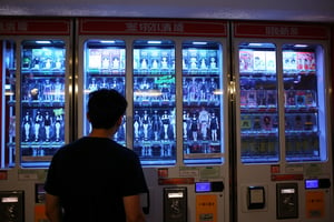 Photo of a man looking at a futuristic, high-tech vending machine in a neon-lit city, selling young Japanese women as companions. All these women have long black hair, wearing a black little dress standing inside one of the vending machine's display compartments. The machine features glowing buttons, digital price tags, and a holographic interface. Bright neon lights reflect off the glass, creating a provocative, dystopian atmosphere. High contrast, cinematic lighting, cyberpunk aesthetics, close-up view, vibrant neon colors.
