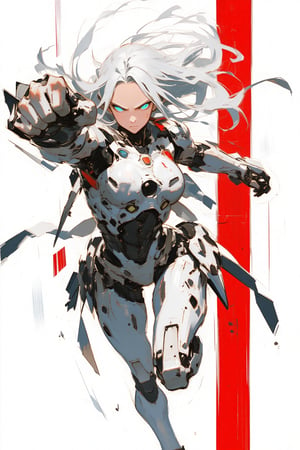 Sketch painting. Anime style. Overhead shot of a cybernetic woman punching downward with her fist.  She has long white hair flowing behind her. She is equipped with intricate, robotic armor and mechanical enhancements, particularly on her very muscular cybernetic arms. The character has glowing, intense blue eyes, and her expression is focused and determined as she leaps forward in a powerful action pose. The armor is detailed with a white and black color scheme, adorned with red accents and industrial-like patterns. The background is minimalist with a striking red stripe and white backdrop, giving the image a sleek, sci-fi aesthetic. The overall style is high-tech, cyberpunk, and action-packed, with influences of mecha and futuristic design.