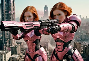  A cinematic film still of a redhead in a pink-powered armor suit, shooting at giant black mecha. The heroine's armor is adorned with intricate designs and a retractable shroud, revealing her determination and strength. The background is a dystopian cityscape, with buildings crumbling and people caught in the crossfire. Style by J.C. Leyendecker. Canon 5d Mark 4, Kodak Ektar, 35mm 