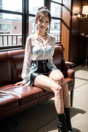 1girl, woman sitting in hotel lobby, Korean girl, heel boot), sheer open shirt on top, 1 girl, slim waist and big hips, 23yo, high ponytail, gorgeous, smile, hair blown by wind, crossing legs, 