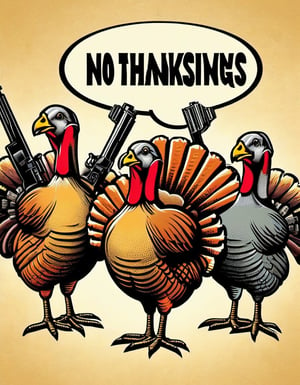 "No Thanksgiving" TEXT LOGO. Photo of Group of Turkeys holdingwith guns. Comic strip speech bubble "No Thanksgiving",none