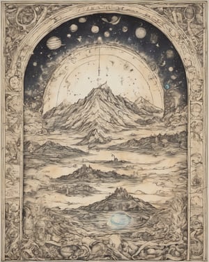 Medieval drawing of a Cosmic archway, into another dimention of the alchemy elements, planets, water, fire, earth.  clear sky, mountain and medow, Simple background