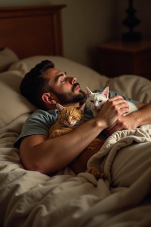 A man spooning with his two cats on a bed. The man is lying on his side, gently holding one of the cats close to his chest, while the other cat is nestled comfortably beside him. The scene takes place in a warm, softly lit bedroom, with the bed covered in comfortable, inviting blankets. The cats are relaxed, with one of them possibly purring or nuzzling against the man. The overall atmosphere is serene and intimate, capturing the tender bond between the man and his beloved pets.