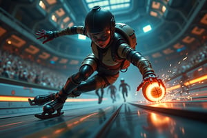 Overhead shot of Battle Angel Alita competing in a high-speed Motorball game, similar to Rollerball. Alita, wearing her iconic sleek cyborg armor and padded helmet, races through the winding rollercoaster like Motorball track on rollerblades, gripping the glowing basketball like gadget in one hand. The arena is a high-tech, metallic environment with neon lights, massive crowds, and a gritty, industrial vibe. In the background, other cybernetic players chase after her, each equipped with various mechanical enhancements designed for speed and combat. Sparks fly from Alita's blades as she speeds around a sharp curve, with the atmosphere of the scene reflecting the intensity, competition, and danger of the Motorball game. The overall aesthetic is bold, dynamic, and futuristic, with a mix of cyberpunk elements and action-packed energy 