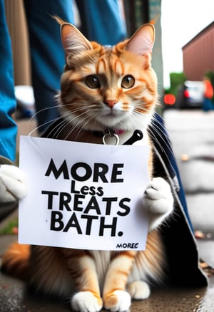 Photo of a homeless cat, wearing a sign that say "More Treats, Less Bath".