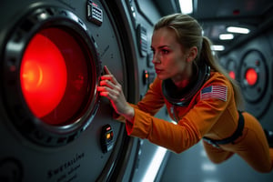 A female astronaut, dressed in a vibrant orange space uniform, is carefully re-enacting the iconic scene from 2001: A Space Odyssey where David Bowman deactivates HAL 9000. Floating weightless Inside a sleek, futuristic spacecraft, she methodically removes the components of the HAL 9000 interface, one piece at a time. The setting is tense and sterile, with dim lighting reflecting off the metallic surfaces, capturing the eerie, unsettling atmosphere of the original scene. The astronaut’s expression is focused and determined, echoing the intensity of the moment as she disconnects each part of HAL’s circuitry. The red glow of HAL's eye slowly fades as the scene unfolds, highlighting the dramatic tension between human and machine.