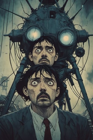 Closeup of a frightened narrator of War of the World, eyes wide open, Looking at a Tripod with three legs