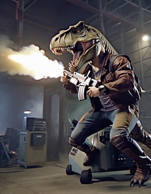 Photo of H4ck3rm4n, Hackerman riding a T-rex, firing machine gun