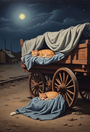 Oil painting of a cat is sleeping under a blanket, night scene, beside an abandoned wagon, old west