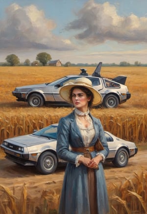 oil painting head and shoulders portrait of a Regency era woman, wearing a bonnet, behind a Delorean with open doors, from Back to the Future on a dirt road beside a corn field.