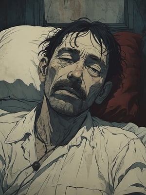 Closeup of a Kurtz, dying in bed in Africa, from Heart of Darkness by Joseph Conrad