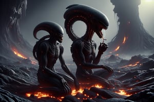 Cinematic Movie Still of a Xenomorph, (puffing a cigarette:1.3), sitting cross-legged on the ground, a crashed burning spaceship wreckage in the background, ral-lava,  art by H.R. Giger  g1h3r