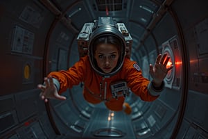 A female astronaut, dressed in a vibrant orange space uniform, is carefully re-enacting the iconic scene from 2001: A Space Odyssey where David Bowman deactivates HAL 9000. Floating weightless Inside a sleek, futuristic spacecraft, she methodically removes the components of the HAL 9000 interface, one piece at a time. The setting is tense and sterile, with dim lighting reflecting off the metallic surfaces, capturing the eerie, unsettling atmosphere of the original scene. The astronaut’s expression is focused and determined, echoing the intensity of the moment as she disconnects each part of HAL’s circuitry. The red glow of HAL's eye slowly fades as the scene unfolds, highlighting the dramatic tension between human and machine.