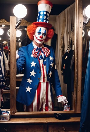 Photo of Ronal Macdonal at a backstage dressing room. The atmosphere is vibrant with multiple high-lit vanity mirrors bedecked with lightbulbs. In one mirror, the clown observes a reflection of a traditional, iconic figure representing patriotism, depicted with a star-spangled outfit, tall hat and pointing gesture. This scene playfully comments on themes of consumerism and patriotism.