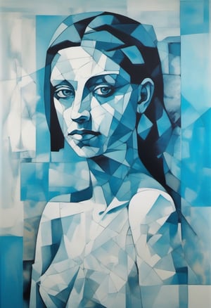 Girl by Picasso, cyan and blue, inkblots, made of crystals, juxtapositions extraordinaire, geometric animal figures, ink and wash, redshift,v0ng44g,p14nt1ng,oil painting