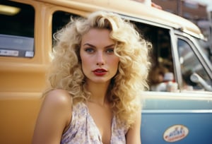  Dutch Angle. Closeup photo of a blonde woman, wavy permed hair, wearing mini dress, sitting astride, beside an ice cream truck. Style by Milo Manara. Canon 5d Mark 4, Kodak Ektar, 35mm 