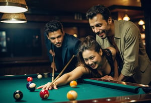 Closeup of a happy couple shooting pool at a local bar. Canon 5d Mark 4, Kodak Ektar, 35mm. Fine art photography, iconic, dynamic angle, dynamic pose, macro, photograph, sharp, focussed, Lomography Color 100, F/14, World-renowned, (designed by Olivier Valsecchi:1.2), beautiful detailed supreme quality color intricate, extremely stylish, deep aesthetic, sharp focus, magnificent, dynamic dramatic composition