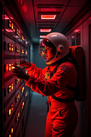 A female astronaut in an orange spacesuit is floating inside a dimly lit spaceship. She is carefully removing rectangular components from a wall panel filled with glowing lights, each piece sliding out one by one. The corridor is bathed in a red glow, with reflections of light creating a tense atmosphere. The astronaut's face is partially visible through her helmet, showing focus and determination as she works to disable the system. The background features the same iconic grid pattern, emphasizing the cold, mechanical nature of the environment.