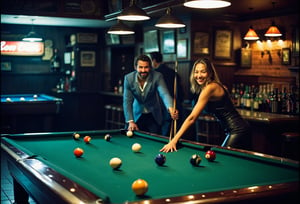 Closeup of a happy couple shooting pool at a local bar. Canon 5d Mark 4, Kodak Ektar, 35mm. Fine art photography, iconic, dynamic angle, dynamic pose, macro, photograph, sharp, focussed, Lomography Color 100, F/14, World-renowned, (designed by Olivier Valsecchi:1.2), beautiful detailed supreme quality color intricate, extremely stylish, deep aesthetic, sharp focus, magnificent, dynamic dramatic composition