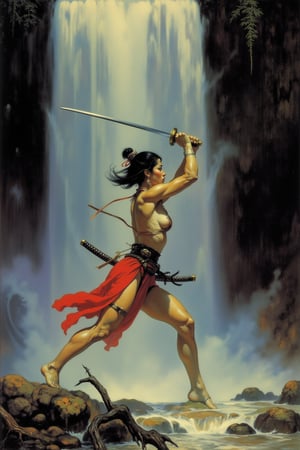 Frank Frazetta fantasy oil painting of Samurai Princess wielding a broad katana under a waterfall