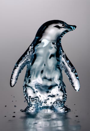 Photo of a glass penguin bear made of water, pool of water, transparent, melting artic ice