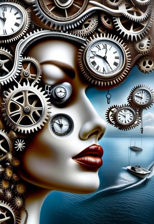 Surrealist art. Head of a female mannequin looking up. Her face is open zipper, clocks and intricate gears inside the face. hyper realistic photograph,  photo background,  cup,  realistic,  watercraft,  close-up,  holding,  water,  1girl . Dreamlike,  mysterious,  provocative,  symbolic,  intricate,  detailed,