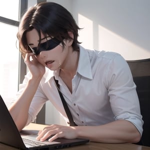 Boy, drooling, blindfold, black blindfold, staring at laptop