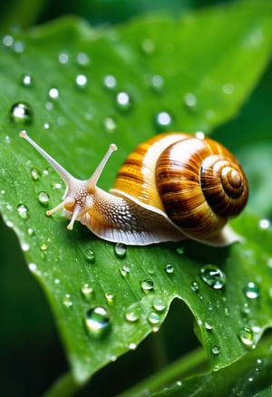 Imagine a depiction of snails with uniquely tranparent, rainbow-colored shells. These snails are peacefully sliding across a verdant green leaf which is covered with dewdrops, reflecting and refracting the sunlight into countless tiny prisms. The sunlight hitting the shells creates a magical display of colors that radiates around them, enhancing their ethereal appearance. The leaf itself is incredibly detailed, with its veins standing out in contrast against the lighter green background, and the dewdrops act like tiny lenses, magnifying parts of the leaf below them.