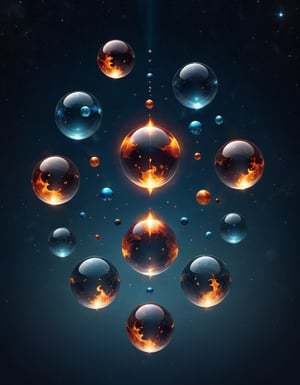 Fantasy image of floating transparent spheres arranged in symmetrical pattern, each representing fire, water, air, and earth, planets, stars, Simple background