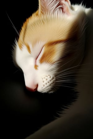 A close-up view of a peacefully sleeping cat, its soft fur gently rising and falling with each breath. Half of its face is bathed in soft light, highlighting the delicate whiskers and closed eye, while the other part of its head fades into the shadows, creating a serene contrast. The texture of its fur appears smooth and slightly tousled, with the subtle shadow play adding depth and tranquility to the scene. The overall atmosphere feels calm, intimate, and soothing, capturing the quiet moment of the cat's restful slumber.