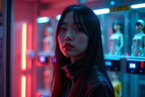 A futuristic, high-tech vending machine in a neon-lit city, selling young Japanese women as companions. The main focus is a young Japanese woman, early 20s, with long black hair, wearing a sleek, futuristic outfit, standing inside one of the vending machine's display compartments. Her expression is a mix of resignation and intrigue. The vending machine is filled with different female figures, each representing a unique type of companion: elegant, sporty, casual, and more. The machine features glowing buttons, digital price tags, and a holographic interface. Bright neon lights reflect off the glass, creating a provocative, dystopian atmosphere. High contrast, cinematic lighting, cyberpunk aesthetics, close-up view, vibrant neon colors.
