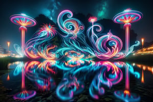 A group of water faires gliding over a pond, reflections in the water, night scene. ral-exposure, in the style of double exposure, neon art nouveau, long exposure, wimmelbilder, layered lines, neonpunk, chiaroscuro, best quality, masterpiece, highres, absurdres, incredibly absurdres, huge filesize, wallpaper, colorful,8K,RAW ,Long_Exposure