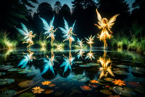 A group of water faeries gliding over a pond, reflections in the water, night scene. ral-exposure, in the style of double exposure, neon art nouveau, long exposure, 